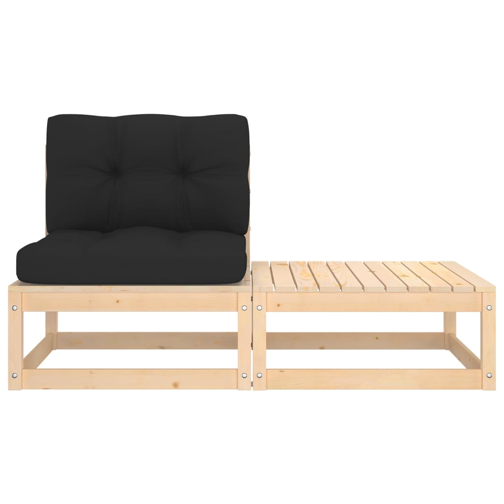 2-Delige Loungeset Met Kussens Massief Grenenhout Naturel en zwart Middenbank met middenkussen + voetenbank