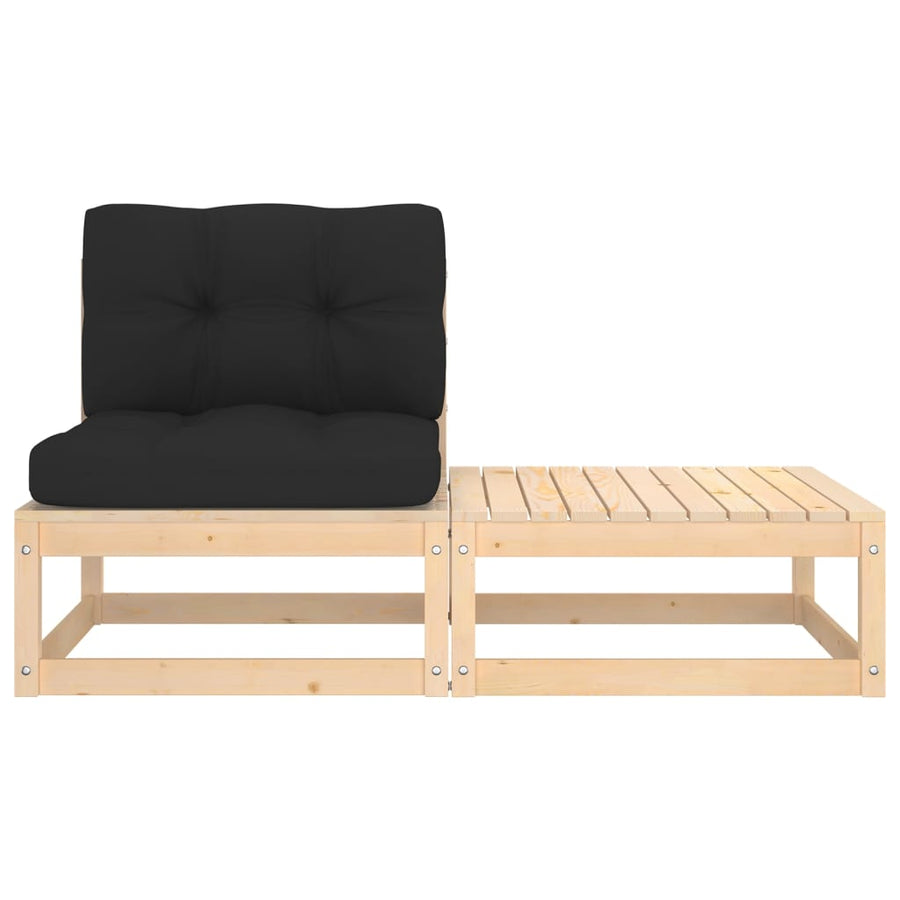 2-Delige Loungeset Met Kussens Massief Grenenhout Naturel en zwart Middenbank met middenkussen + voetenbank