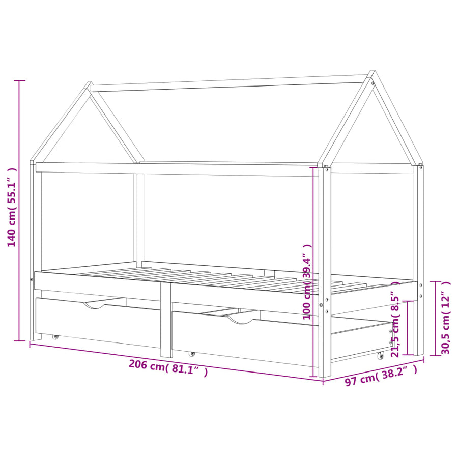 Kinderbedframe Met Lades Massief Grenenhout 90 x 200 cm Bruin 2 lades