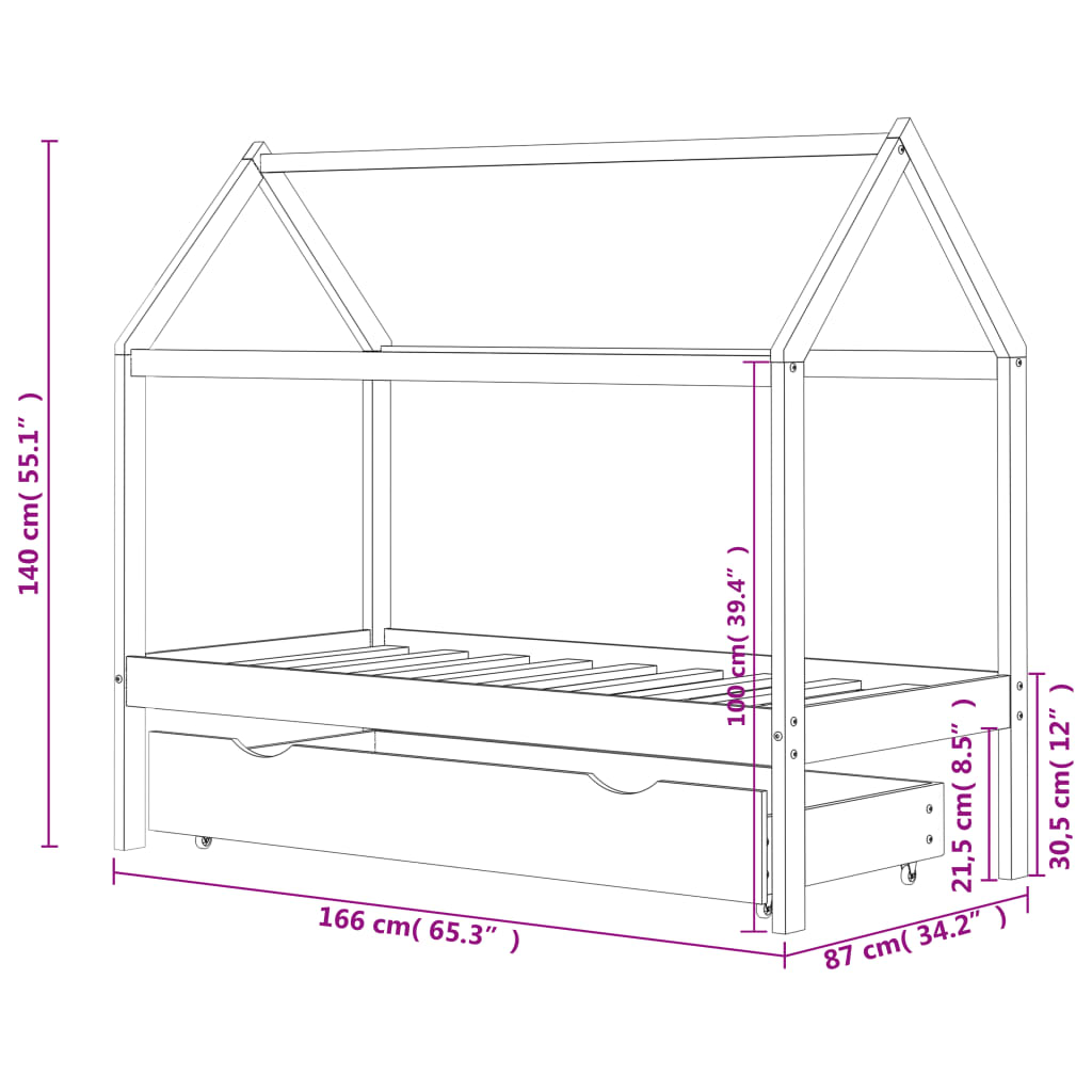 Kinderbedframe Met Lade Massief Grenenhout 80 x 160 cm Wit 1 lade