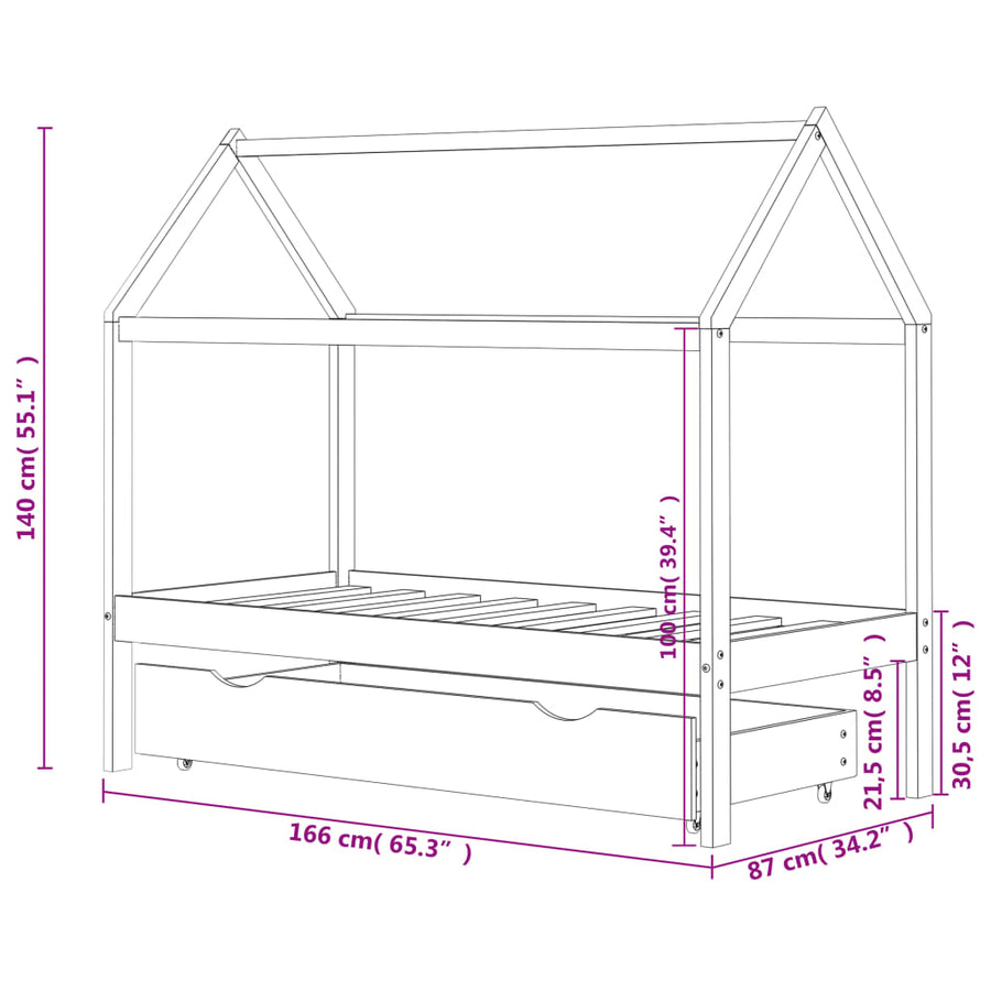 Kinderbedframe Met Lade Massief Grenenhout 80 x 160 cm Wit 1 lade