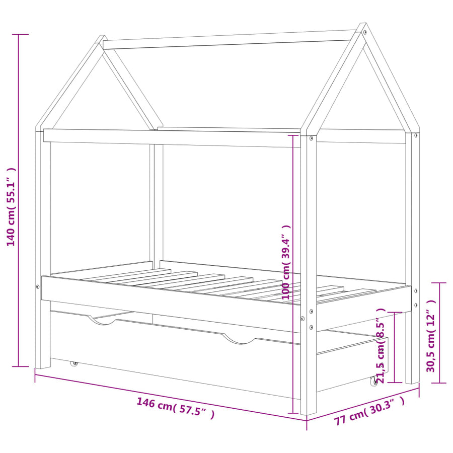 Kinderbedframe Met Lade Grenenhout 70 x 140 cm Donkergrijs 1 lade