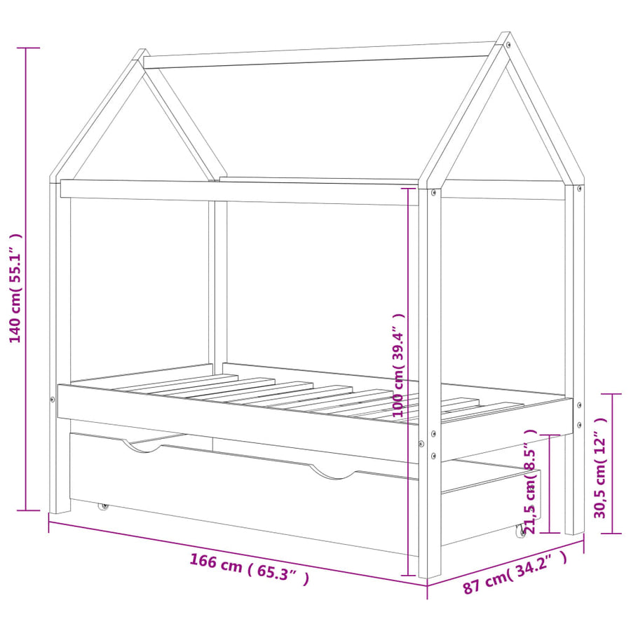 Kinderbedframe Met Lade Grenenhout 80 x 160 cm Donkergrijs 1 lade