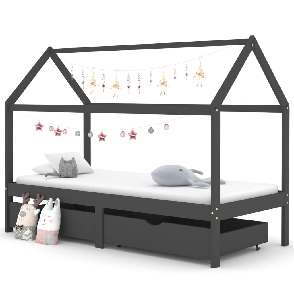 Kinderbedframe Met Lades Grenenhout 90 x 200 cm Donkergrijs 2 lades