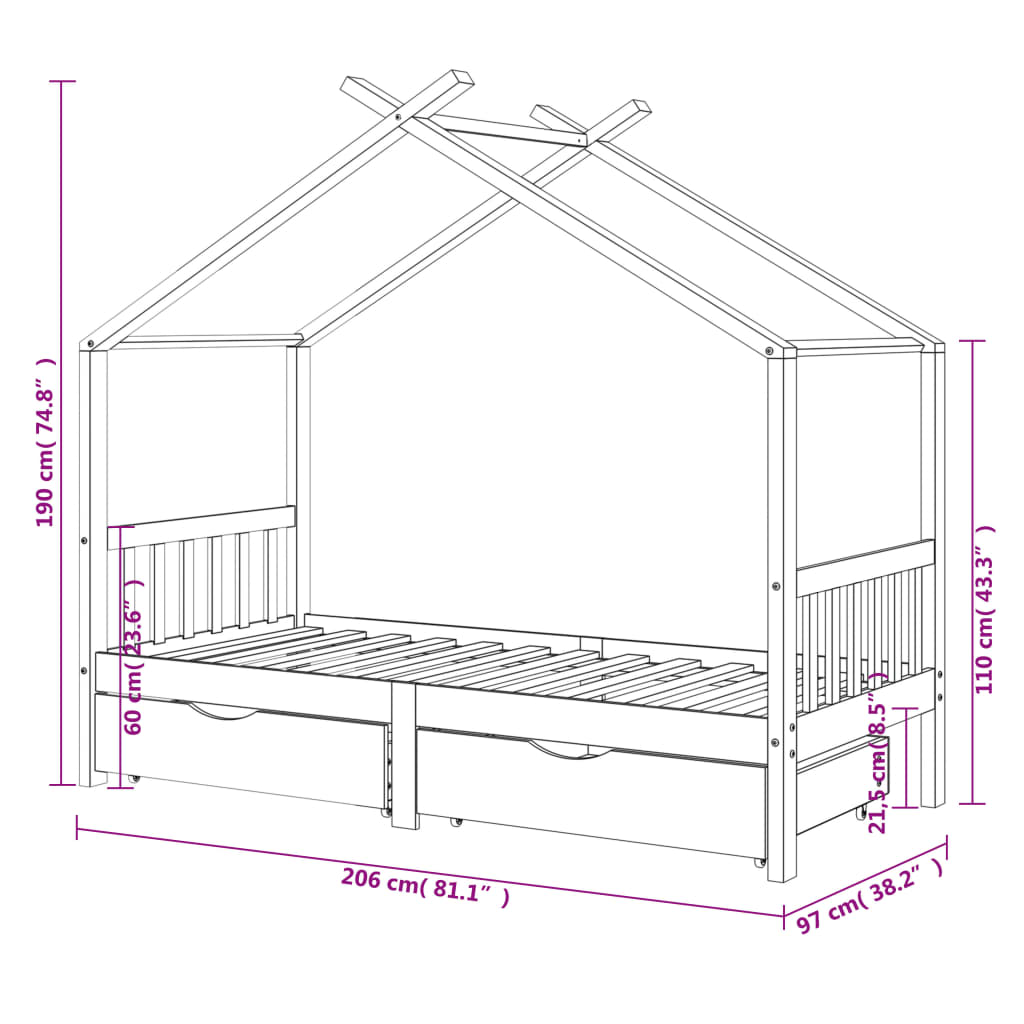 Kinderbedframe Met Lades Massief Grenenhout 90X200 Cm 90 x 200 cm Bruin 2 lades