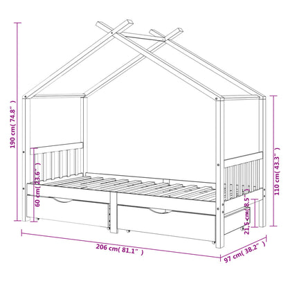 Kinderbedframe Met Lades Massief Grenenhout 90X200 Cm 90 x 200 cm Bruin 2 lades