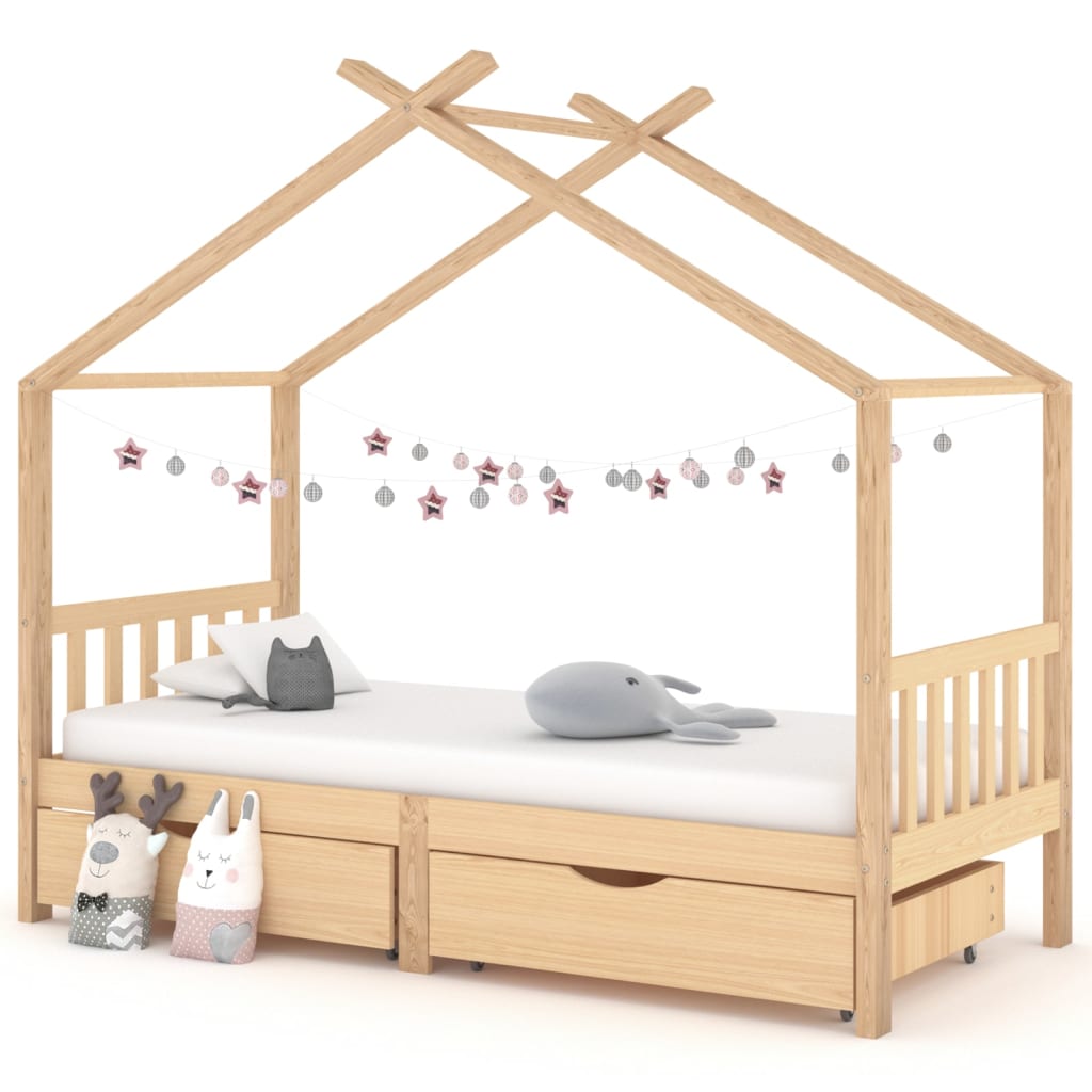 Kinderbedframe Met Lades Massief Grenenhout 90X200 Cm 90 x 200 cm Bruin 2 lades