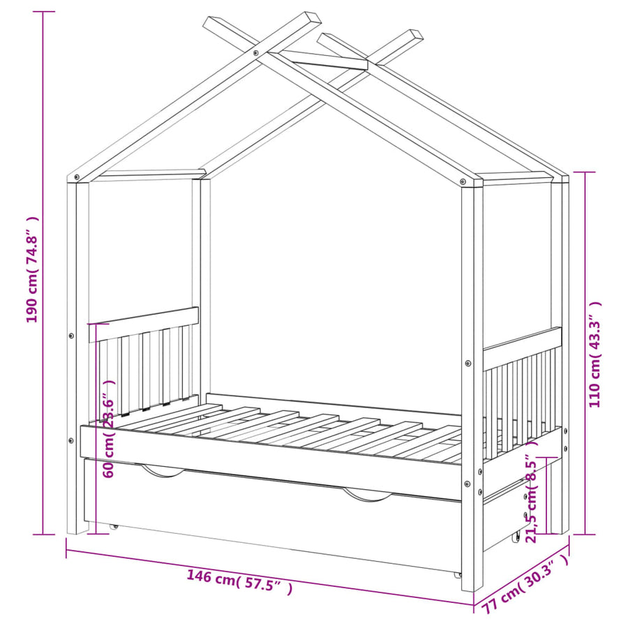 Kinderbedframe Met Lade Massief Grenenhout 70 x 140 cm Wit 1 lade