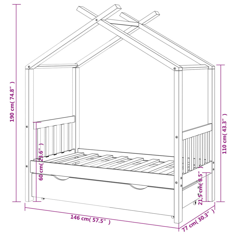 Kinderbedframe Met Lade Grenenhout 70 x 140 cm Donkergrijs 1 lade