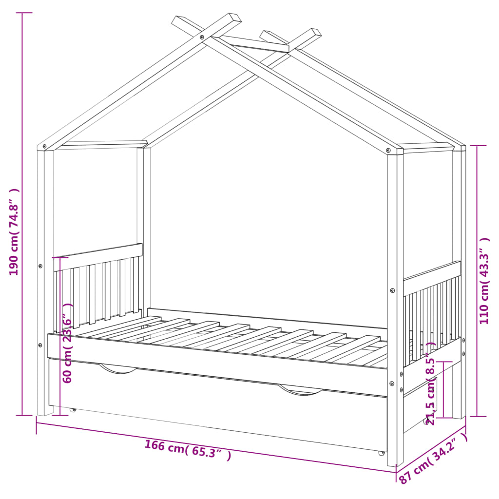 Kinderbedframe Met Lade Grenenhout 80 x 160 cm Donkergrijs 1 lade