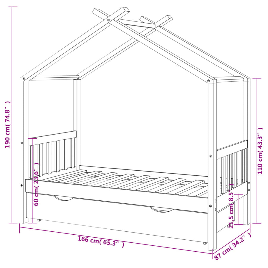 Kinderbedframe Met Lade Grenenhout 80 x 160 cm Donkergrijs 1 lade