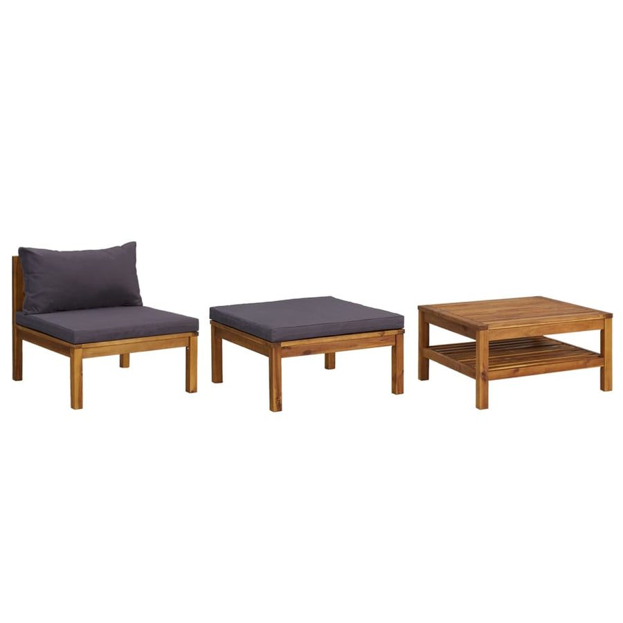 3-Delige Loungeset Met Donkergrijze Kussens Acaciahout Donkergrijs midden + voetensteun + Tafel