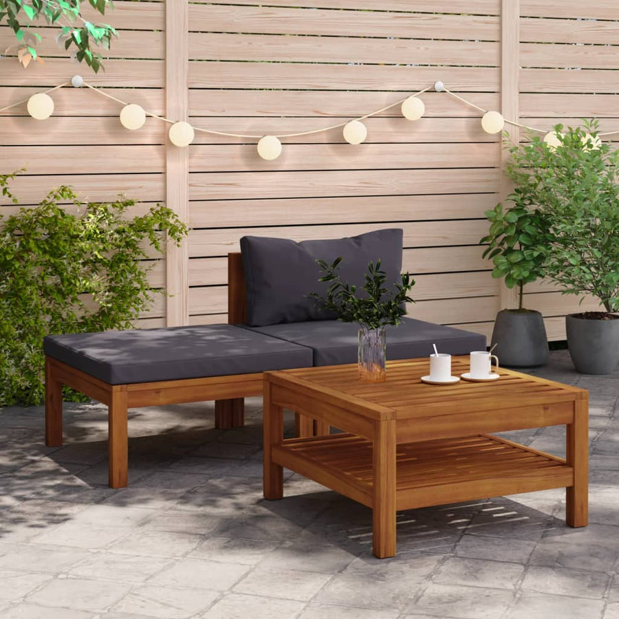 3-Delige Loungeset Met Donkergrijze Kussens Acaciahout Donkergrijs midden + voetensteun + Tafel