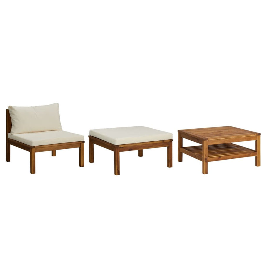 3-Delige Loungeset Met Te Kussens Acaciahout Crèmewit midden + voetensteun + Tafel
