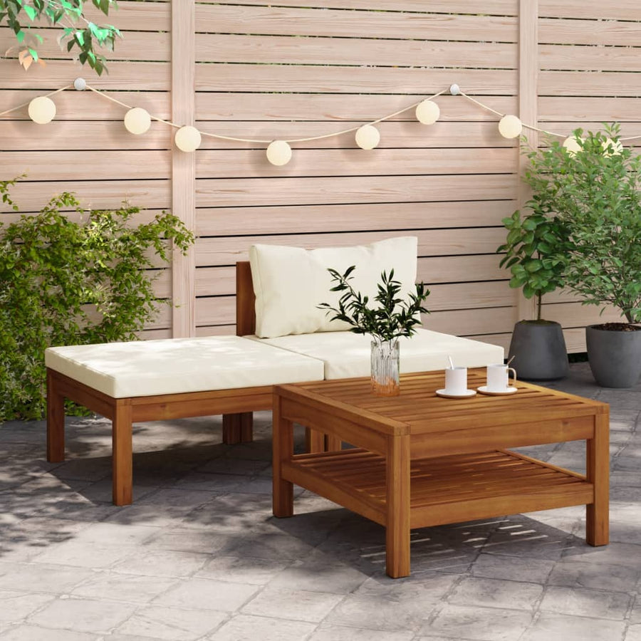 3-Delige Loungeset Met Te Kussens Acaciahout Crèmewit midden + voetensteun + Tafel