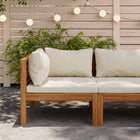 Acacia wood sectional corner sofa with cream-white cushions