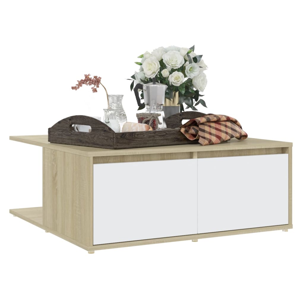 Salontafel 80X80X3 Cm Spaanplaat Kleurig Wit en sonoma eiken