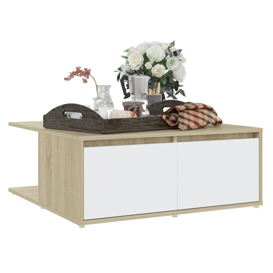 Salontafel 80X80X3 Cm Spaanplaat Kleurig Wit en sonoma eiken