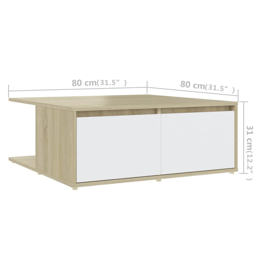 Salontafel 80X80X3 Cm Spaanplaat Kleurig Wit en sonoma eiken
