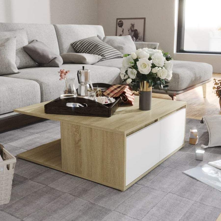 Salontafel 80X80X3 Cm Spaanplaat Kleurig Wit en sonoma eiken