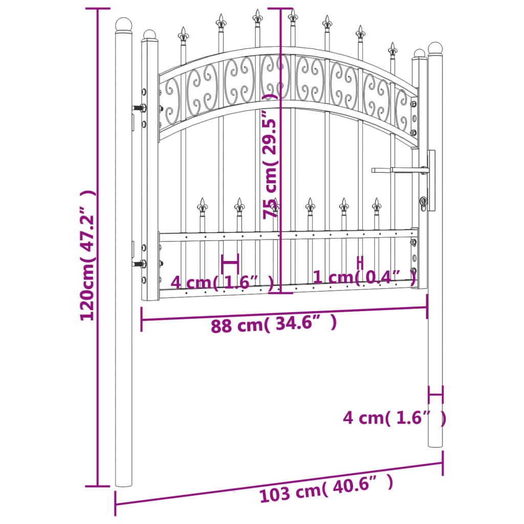 Poort met spijlpunten 103x120 cm gepoedercoat staal zwart