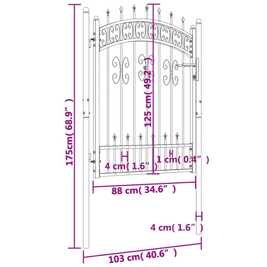 Poort met spijlpunten 103x175 cm gepoedercoat staal zwart