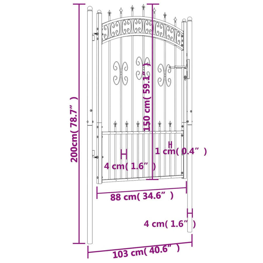 Poort met spijlpunten 103x200 cm gepoedercoat staal zwart