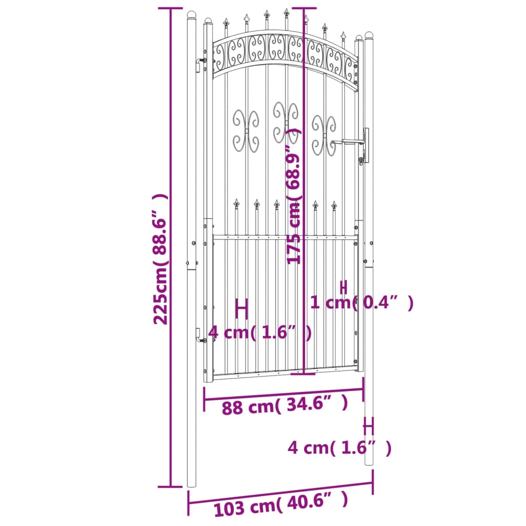 Poort met spijlpunten 103x225 cm gepoedercoat staal zwart