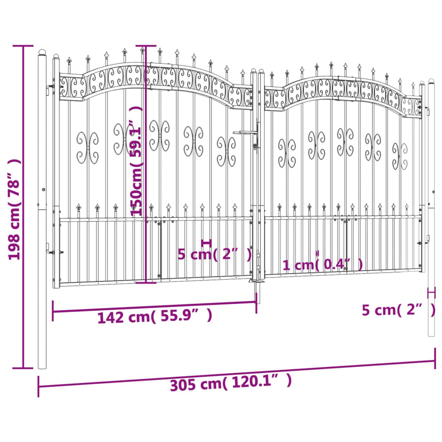 Poort Met Spijlpunten Gepoedercoat Staal Zwart 305 x 198 cm