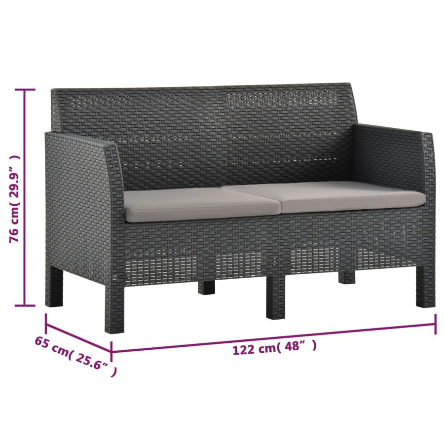 2-Delige Loungeset Met Kussens Pp Rattan Antracietkleurig Tweezitsbank + Tafel