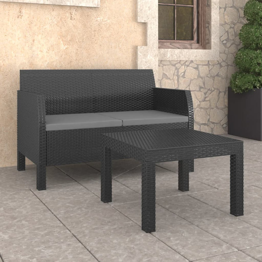 2-Delige Loungeset Met Kussens Pp Rattan Antracietkleurig Tweezitsbank + Tafel