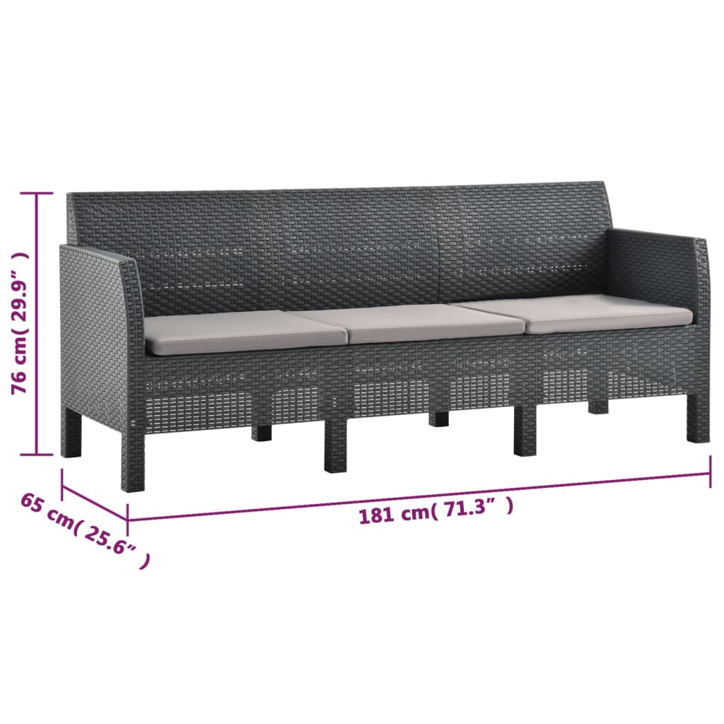 2-Delige Loungeset Met Kussens Pp Rattan Antracietkleurig Driezitsbank + Tafel
