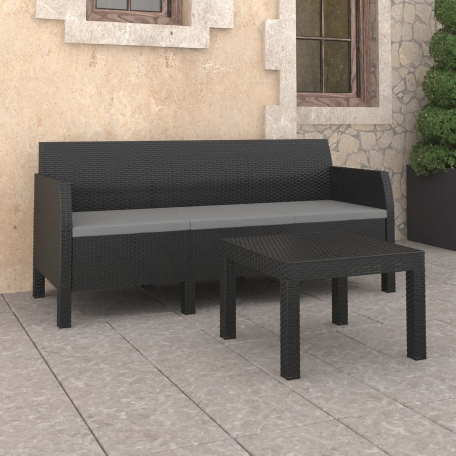 2-Delige Loungeset Met Kussens Pp Rattan Antracietkleurig Driezitsbank + Tafel