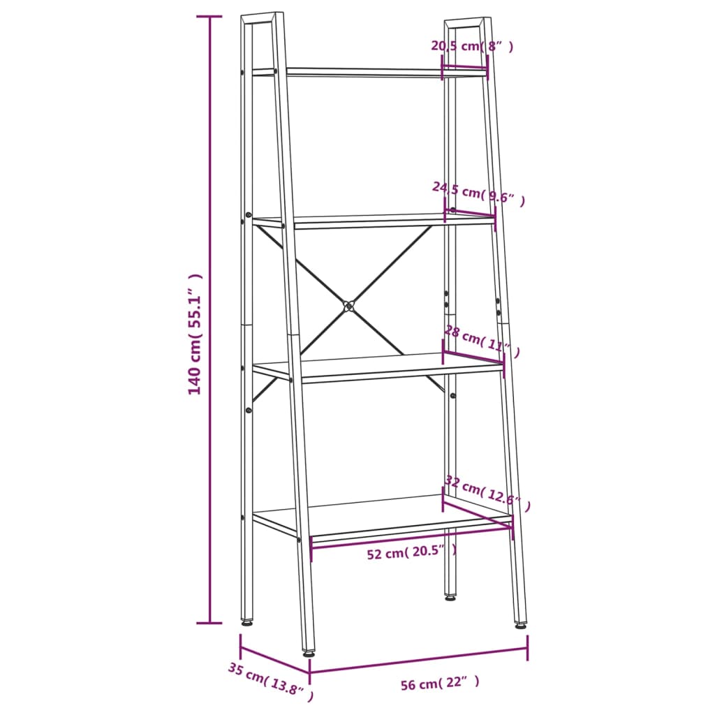 Ladderrek Met 4 Schappen 56X35X140 Cm Lichtbruin En Zwart