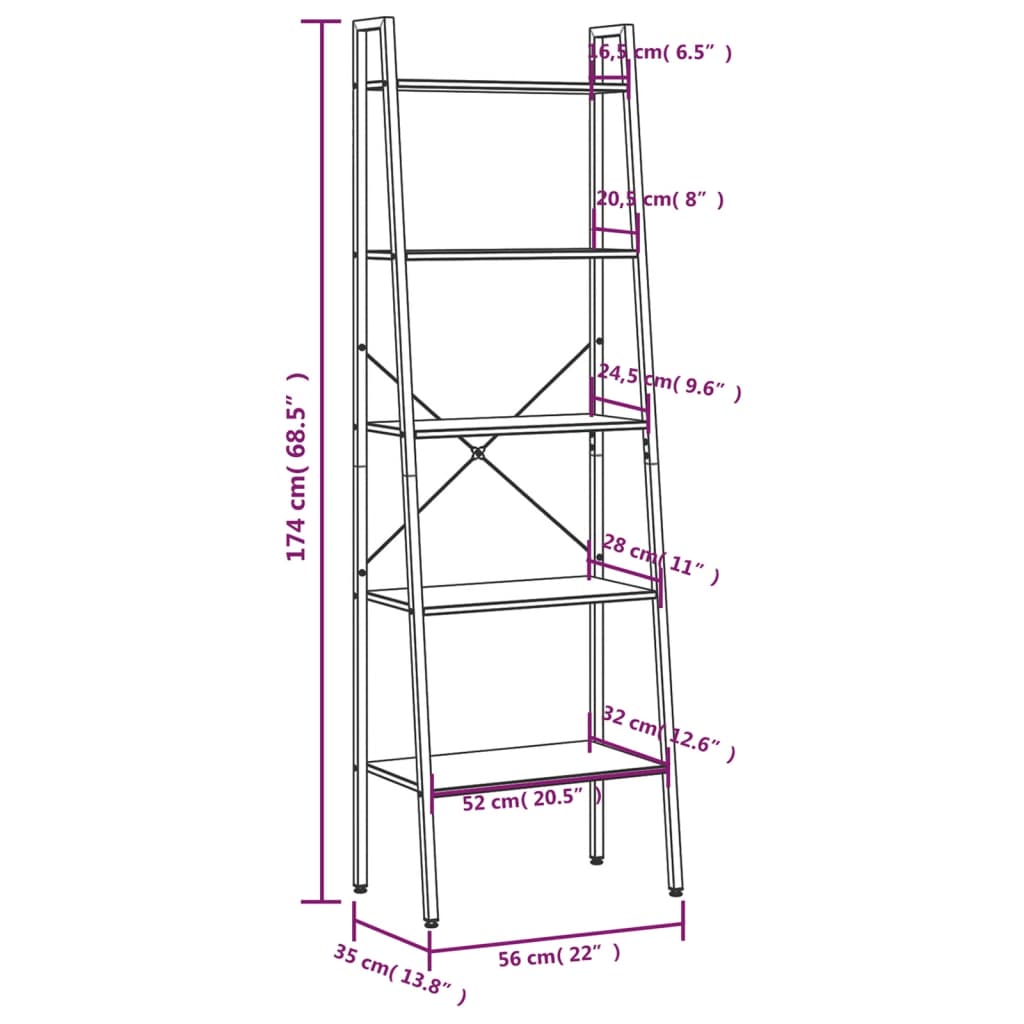 Ladderrek Met 5 Schappen 56X35X174 Cm Lichtbruin En Zwart