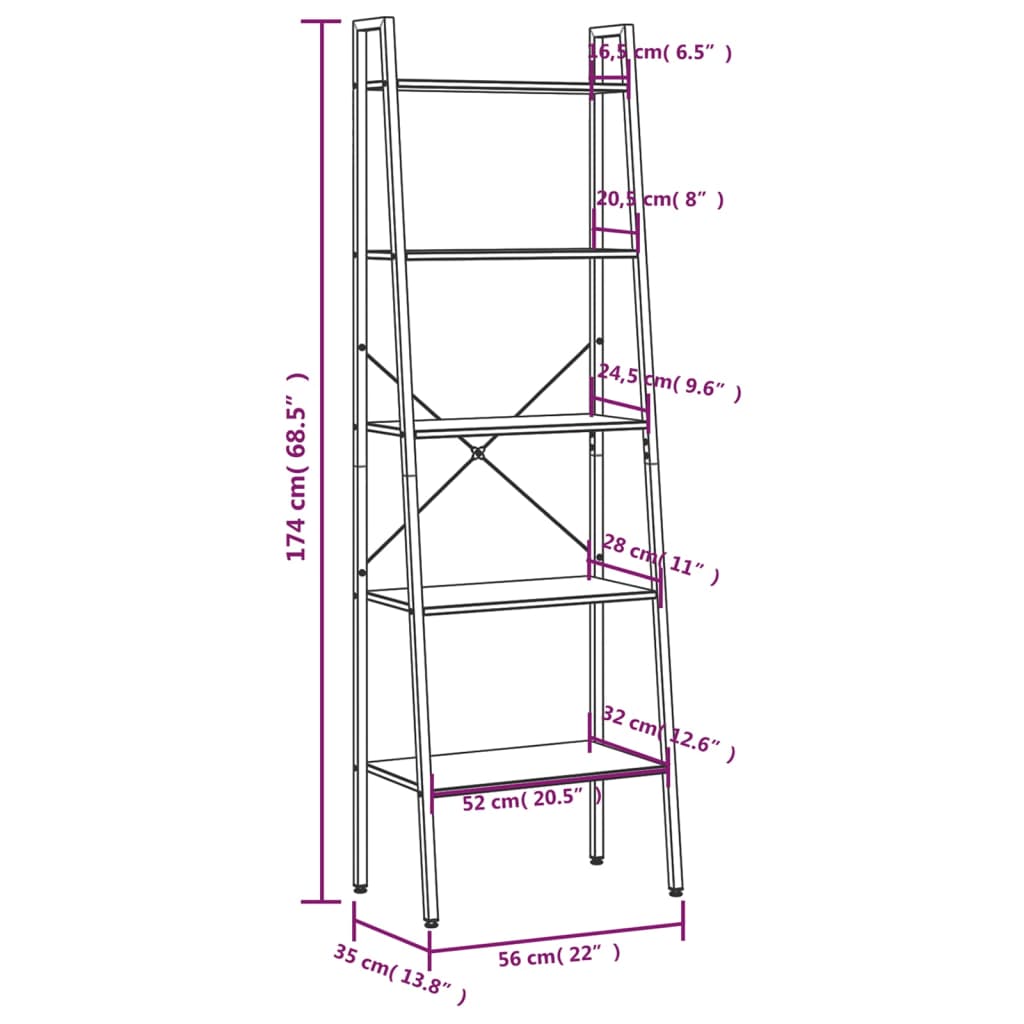 Ladderrek Met 5 Schappen 56X35X174 Cm Donkerbruin En Zwart