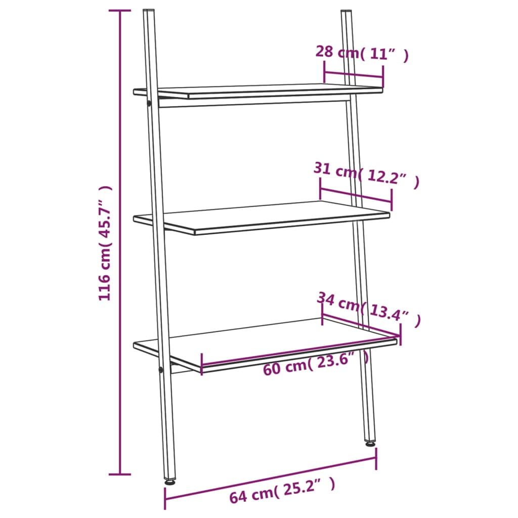 Ladderrek Met 3 Schappen 64 x 34 x 116 cm Zwart