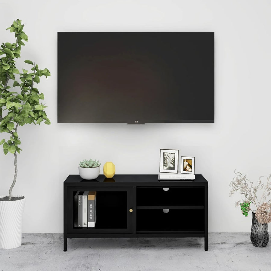 Tv-Meubel 90X30X44 Cm Staal En Glas Zwart