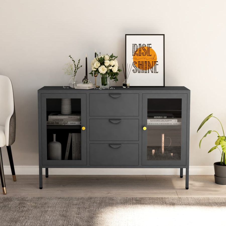 Dressoir 05X35X70 Cm Staal En Gehard Glas Kleurig Antraciet