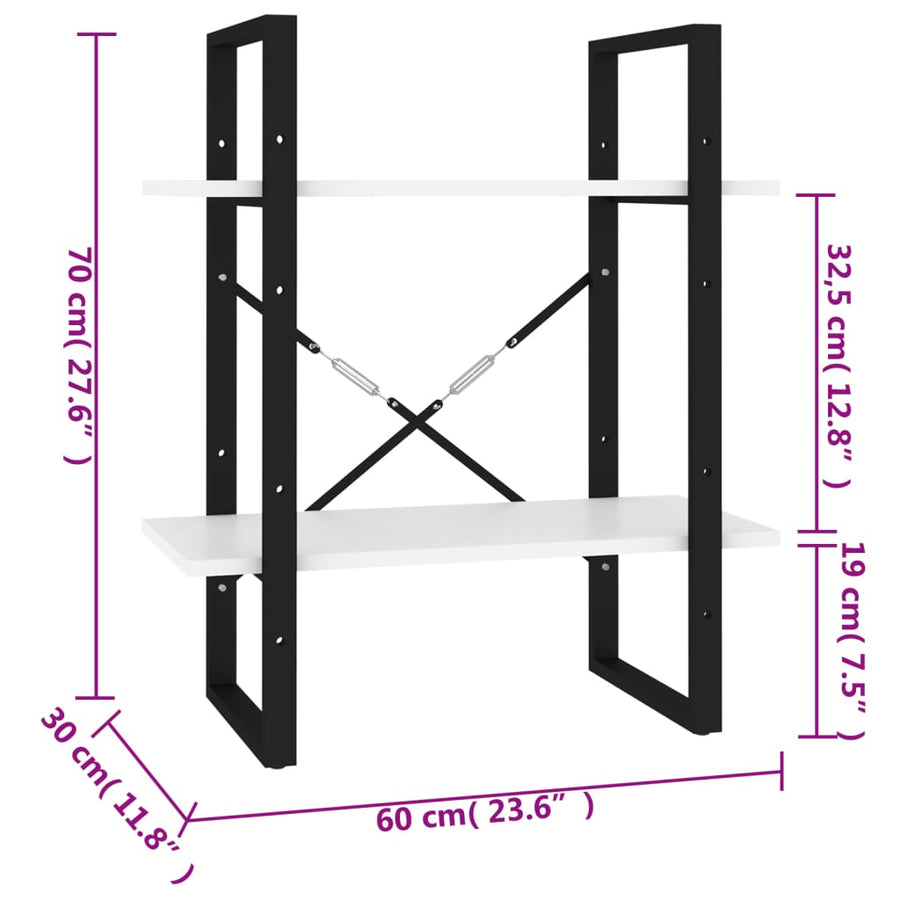 Boekenkast met 2 schappen 60x30x70 cm spaanplaat wit 60 x 30 x 70 cm Bewerkt hout