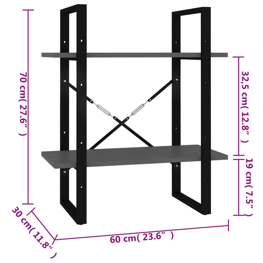 Boekenkast met 2 schappen 60x30x70 cm spaanplaat grijs 60 x 30 x 70 cm Bewerkt hout