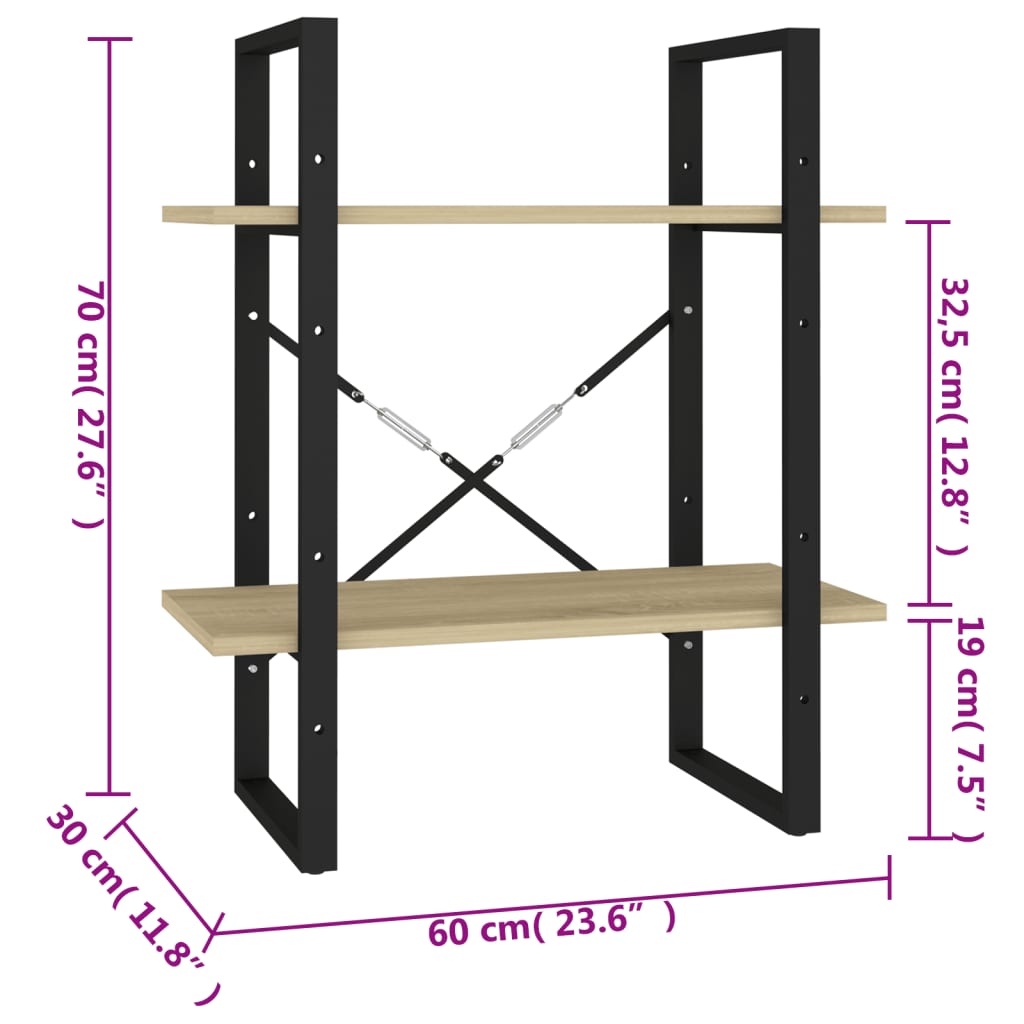 Boekenkast met 2 schappen 60x30x70 cm bewerkt hout sonoma eiken