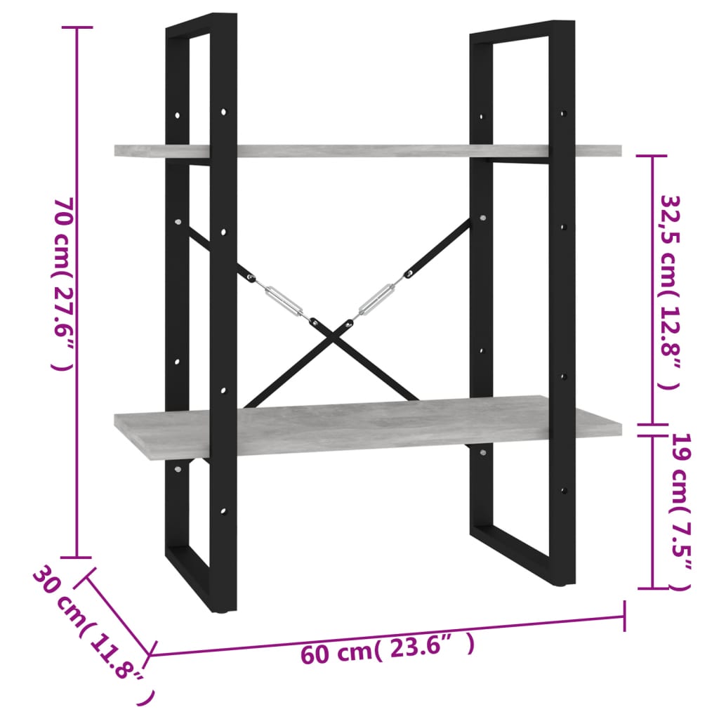 Boekenkast Met 2 Schappen Spaanplaat Betongrijs 60 x 30 x 70 cm Bewerkt hout