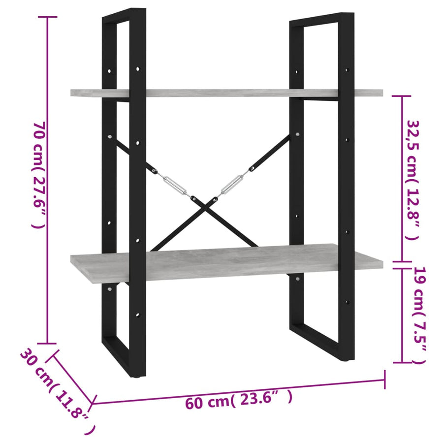 Boekenkast Met 2 Schappen Spaanplaat Betongrijs 60 x 30 x 70 cm Bewerkt hout