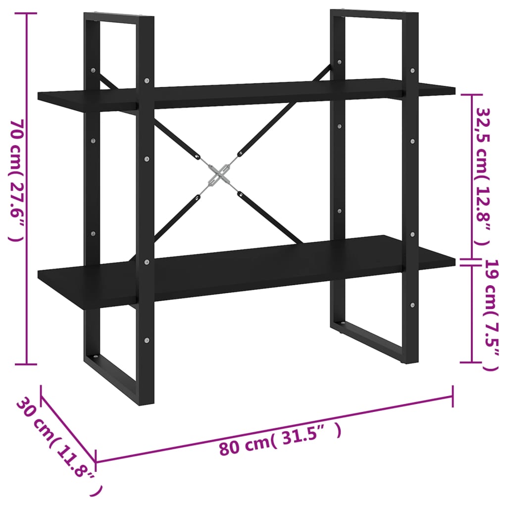 Boekenkast Met 2 Schappen Spaanplaat Zwart 80 x 30 x 70 cm Bewerkt hout