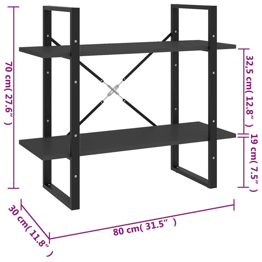 Boekenkast Met 2 Schappen Spaanplaat Grijs 80 x 30 x 70 cm Bewerkt hout