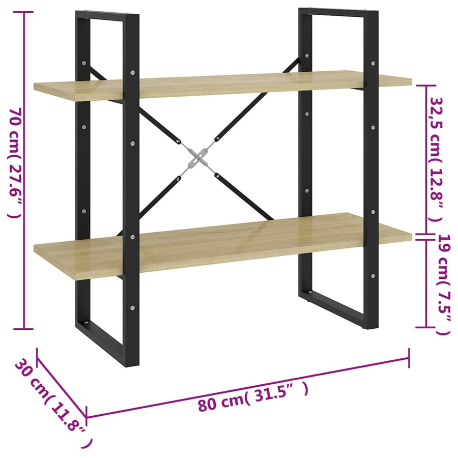 Boekenkast Met 2 Schappen Spaanplaat Sonoma Eiken 80 x 30 x 70 cm Bewerkt hout