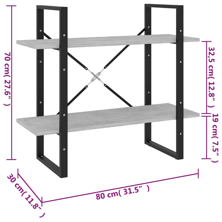Boekenkast Met 2 Schappen Spaanplaat Betongrijs 80 x 30 x 70 cm Bewerkt hout