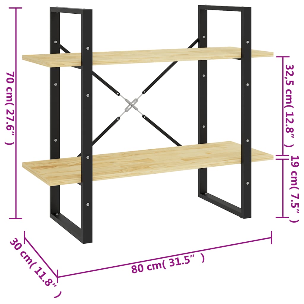 Boekenkast Met 2 Schappen Massief Grenen Naturel 80 x 30 x 70 cm Hout