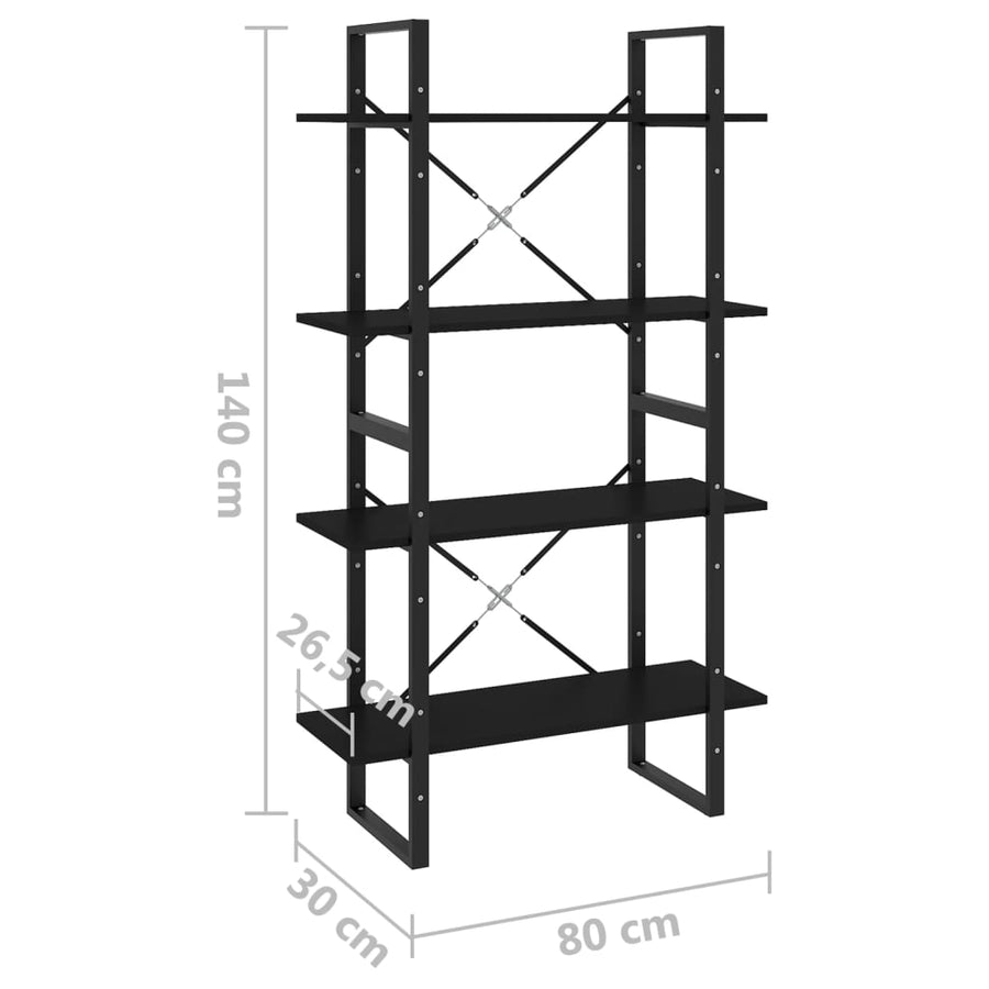 Boekenkast Met 4 Schappen Spaanplaat Zwart 80 x 30 x 140 cm Bewerkt hout